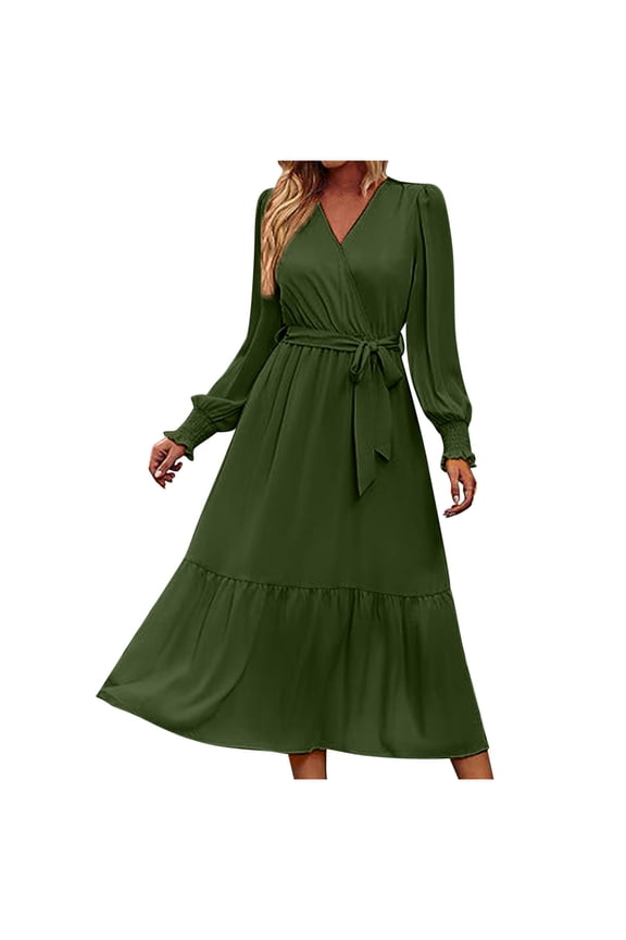 Blmnix Long Dresses for Women Modest Green Plus Size Tiered Long Sleeve Wrap Womans Dresses Dressy