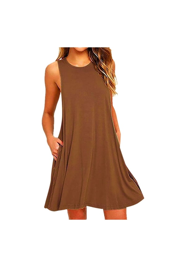 Blmnix Long Dresses for Women Summer Brown Modest Sleeveless Solid Classy Shift Trendy Skirts