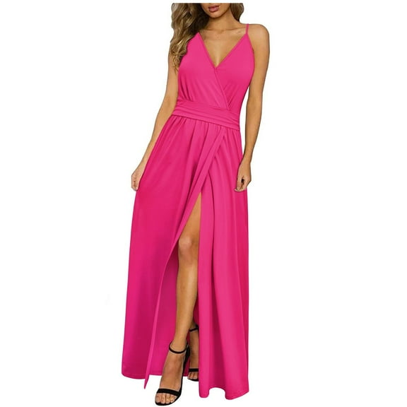 Blmnix Long Fall Dresses for Women 2025 Plus Size Fashion Ruched Sheath Side Split Sleeveless V-Neck Dresses