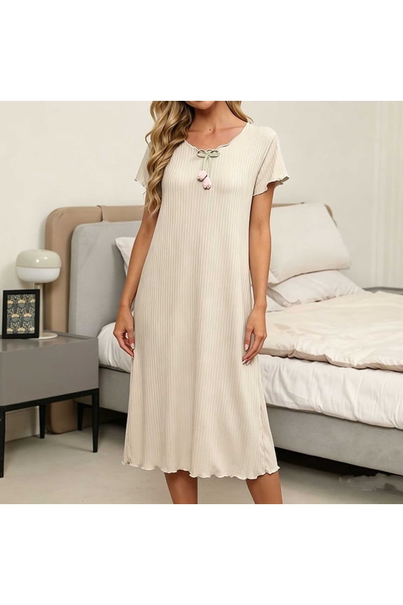 Long Nightgowns Nightgown for Women Sleepshirts Cute Nightgowns Nightgowns Short Sleeve Crew Neck Beige Below-the-Knee Mumu Nightgown for Women