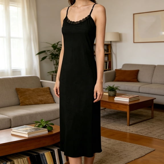 Blmnix Long Nightgowns Nightgowns for Women Chemises Sexy Nightgown Sleep Shirts Crew Neck Sleeveless Below-the-Knee Black Oversized Sleep Shirts for Women