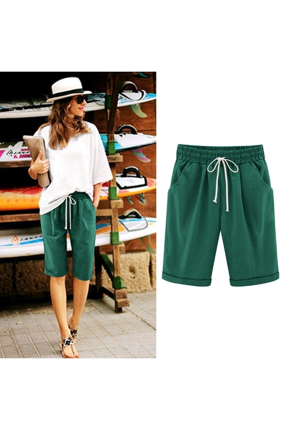 Long Shorts Shorts Women Bermuda Shorts Linen Shorts Shorts Green High Cotton Shorts for Woman,L