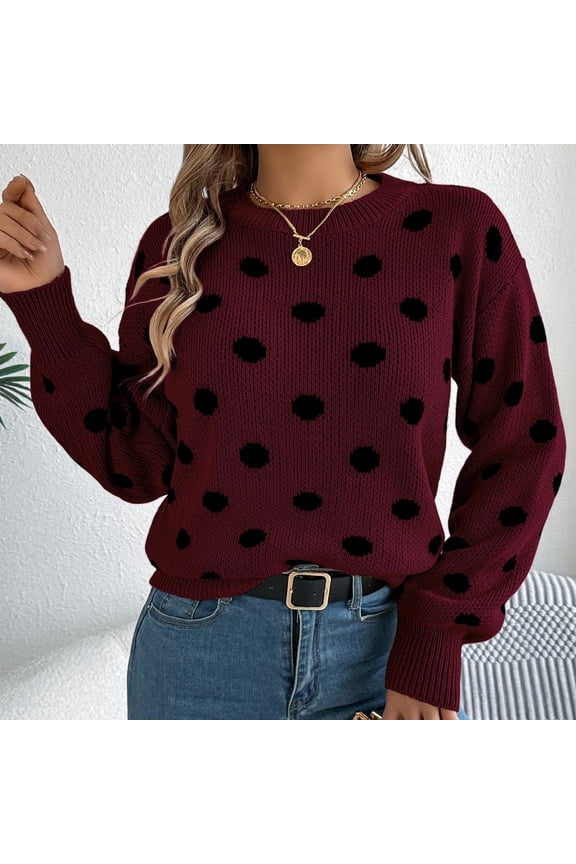 Long Sleeve Fitted Blouses for Women Polka Dot Wine Crew Neck Plus Size Womens Blouses Pullover Chunky Clothing