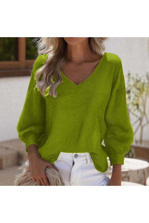 Long Sleeve Going Out Tops Plain V-Neck Green Winter Ladies Fall Tops