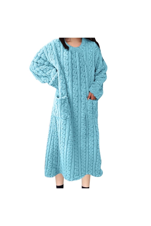 Long Sleeve Women Nightgown Fleece Flannel Mumu Warm Nightdress Crew Neck Blue Casual Sleep Dress
