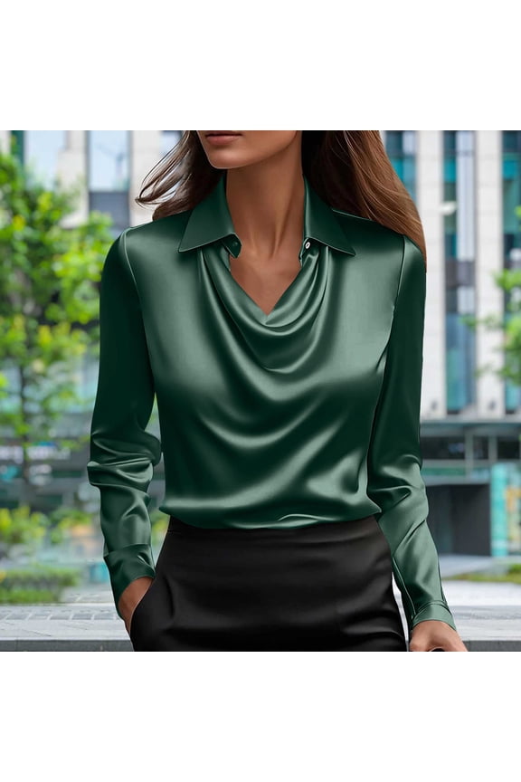 Long Sleeve Women's Golf Shirts Slim Fitted Satin Green Basic Tops Cowl Neck Blouse