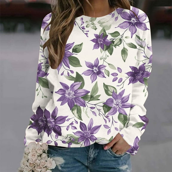 Blmnix Long Sleeve Women's Tops Crew Neck Floral Purple Fall Womens Going Out Tops