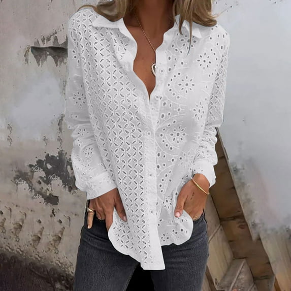 Blmnix Long Sleeve Womens Tops White Summer Casual Simple Eyelet Solid Blouse Teens Tops Trendy