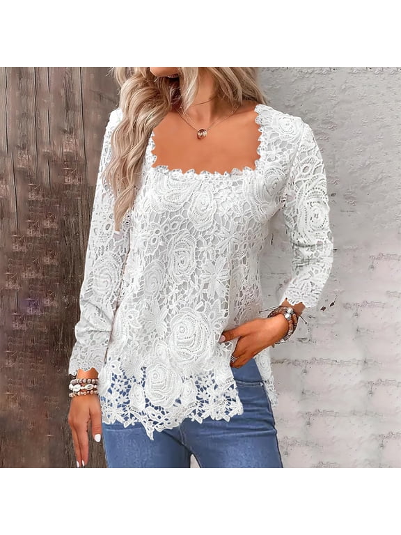 Long Sleeve Work Tops Lace Square Neck White Loose Fit Work Shirts for Women