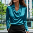 thumbnail image 1 of Blmnix Long Sleeve Workout Tops Satin Fitted Slim Sky Blue Boho Shirts Cowl Neck Blouse, 1 of 5