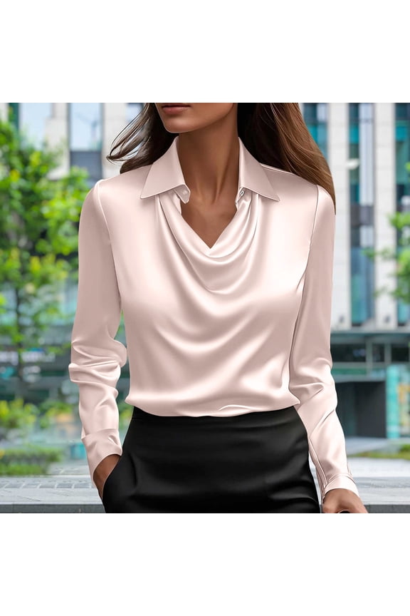 Long Sleeve Workout Tops Women Plus Pink Satin Clothing Women Fall Shirts Cowl Neck Blouse