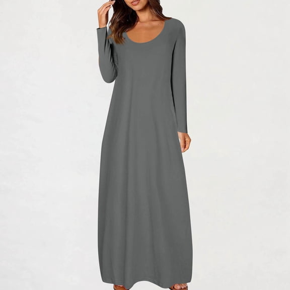 Blmnix Long Summer Wedding Guest Dresses for Women Plain Fashion Dark Gray T-Shirt Scoop Neck Casual Beach Long Sleeve Dresses