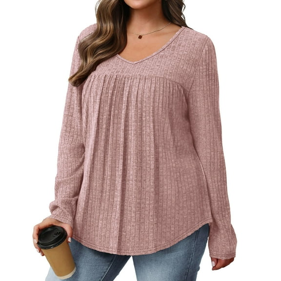 Blmnix Loose Fall Tshirts for Women Plus Long Sleeve Pink Plus Size Women's Fall Tops V-Neck Blouse