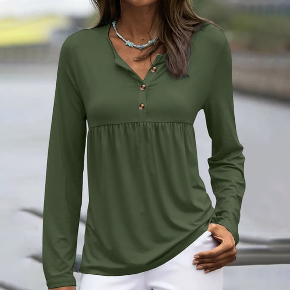 Blmnix Loose Fitting Tops for Women Green Blouse Henley Long Sleeve Tunic Solid Flowy Women's Tops