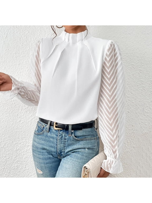Loose Fitting Tops for Women White Blouse Lace Long Sleeve High Neck Pleated Solid Workout Tops Women