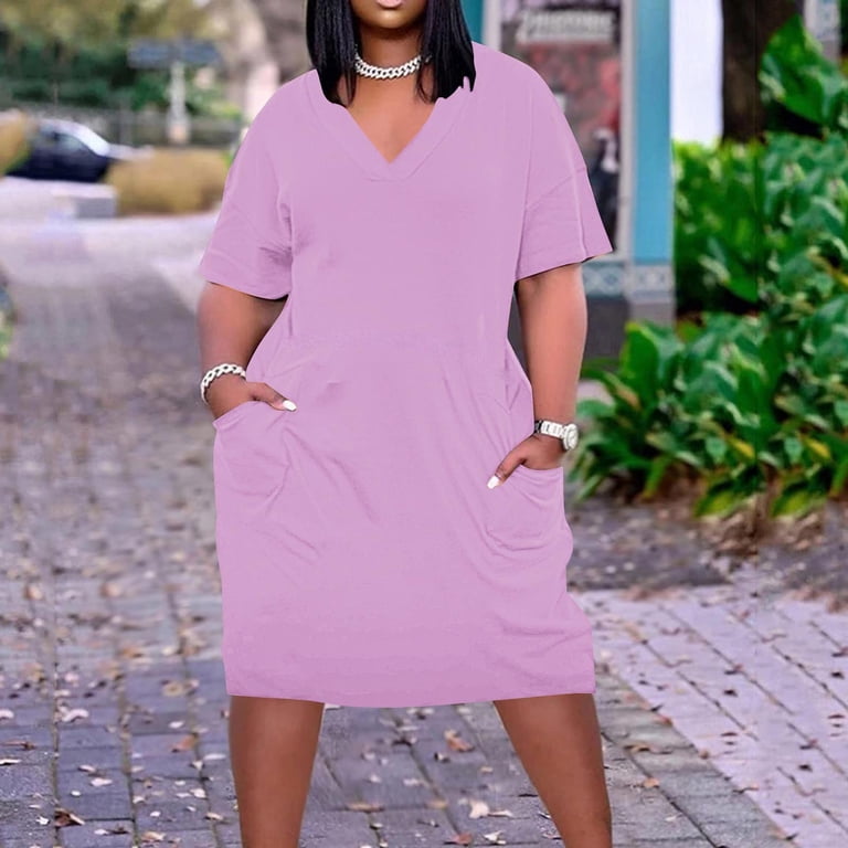 Blmnix Women's Dresses Popover Lounge Dress for Curvy Under Dress V-Neck Midi Dresses Short Sleeve with Pockets Women's Casual Dresses,XXXXXL