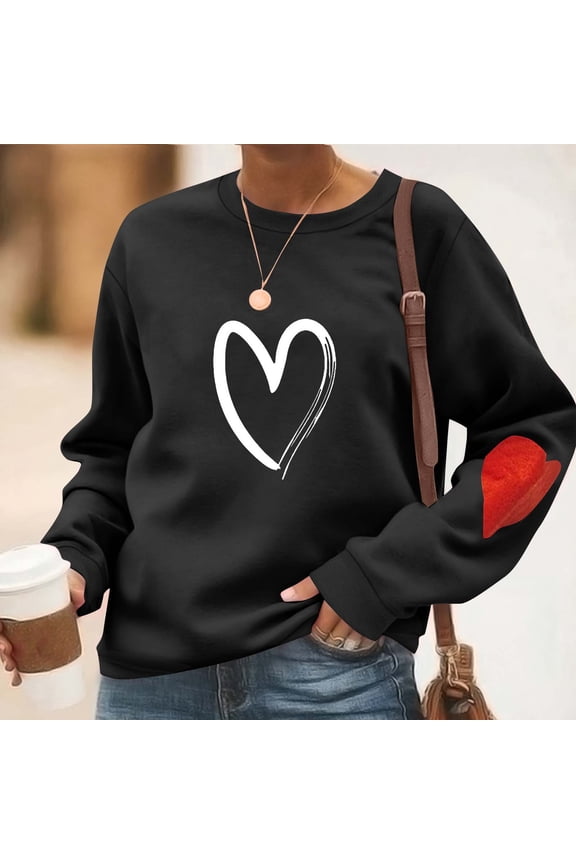 Love Heart Over Sized Sweatshirt for Women Workout Pullover Black Dressy Tops Novelty Long Sleeve Crew Neck Tops