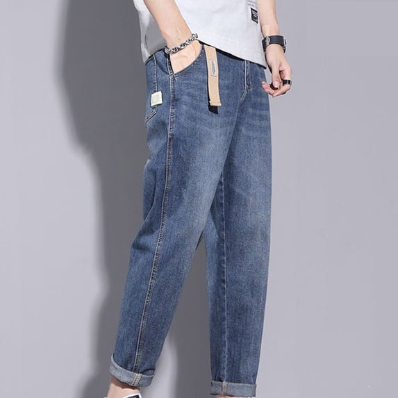 Blmnix Low Rise Men Pants Cargo Work Jeans Regular Relaxed Fit Jeans Sweatpants Straight-Leg Cropped Blue Mens Pants Casual,L