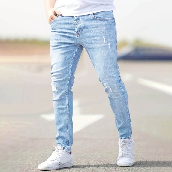 Blmnix Low Rise Pants Men Skinny Ripped Jeans Stretch Jeans Cargo Sweatpants Slim-Leg Blue Full Summer Pants for Men,S