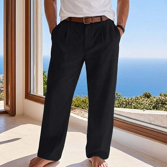 Blmnix Low Rise Trousers for Men Palazzo Cotton Pants Baggy Beach Pants Sweatpants Black Long Straight-Leg Mens Summer Pants,XXXL