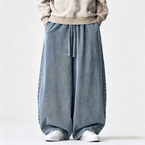 Blmnix Low Waisted Mens Pants Relaxed Fit Jeans Barrel Jeans Cargo Baggy Jean Long Wide-Leg Blue Mens Summer Pants,XXXXXL