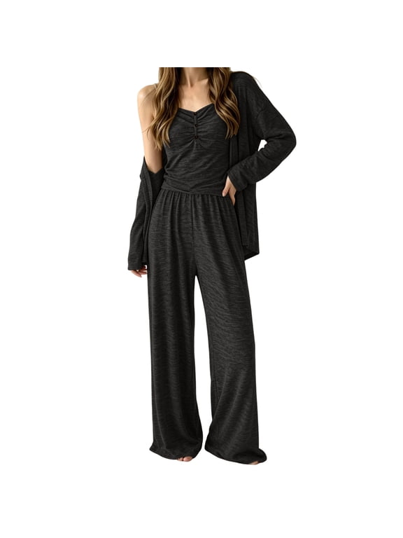 Matching Pajama Sets Womens Pajamas Bamboo Pajamas Petite Pajamas Pajama Black V-Neck Long Sleeve Wide-Leg Long Womens Pajama Sets Shorts,L