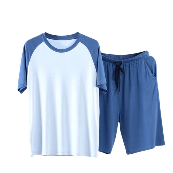 Blmnix Men Pjs Sets Sleepwear Sets Bamboo Pajamas Plus Size Pajamas Pajamas Cropped Short Sleeve Crew Neck Blue Cotton Pajama Pants,XL