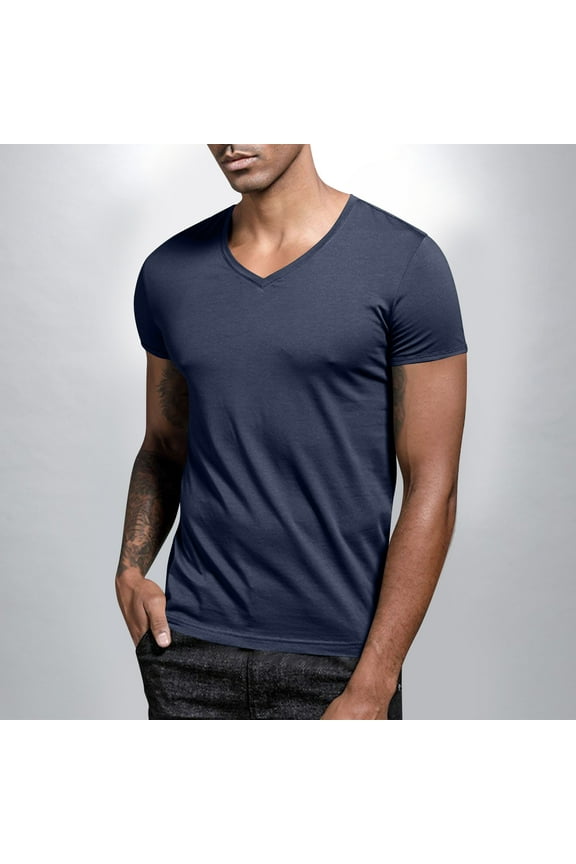 Men's T-Shirts Big And Tall Cotton T Shirts Muscle Shirt V-Neck Blue Short Sleeve Men's Tops,XL