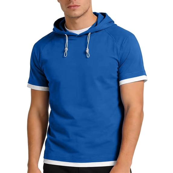 Blmnix Mens Shirt Pullover Cotton Shirts Workout Shirts Tops Short Sleeve Blue Hooded Cotton Shirts for Men,XL