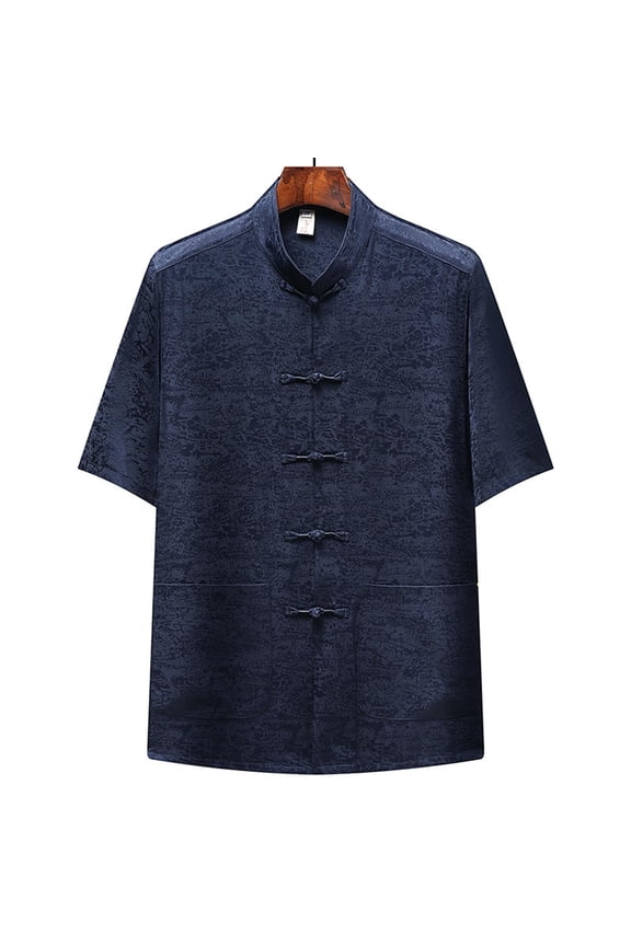 Mens Shirts Big And Tall Linen Shirts Pocket Tee T shirts Mock Neck Blue Short Sleeve Cotton Shirts for Men,S