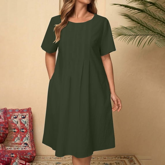 Blmnix Mid-Length Summer Dress Elegant Fit & Flare Pleated Dress Dresses Crew Neck Short Sleeve Green Sequin Dress for Women,XL