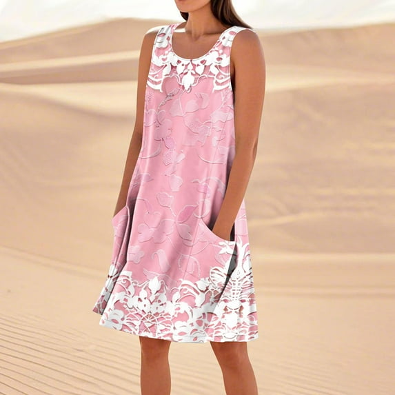 Blmnix Mid-Length Womens Dresses Holiday Dresses Plus Size Tank Skirt Pink Crew Neck Sleeveless Winter Skirts for Women,XL