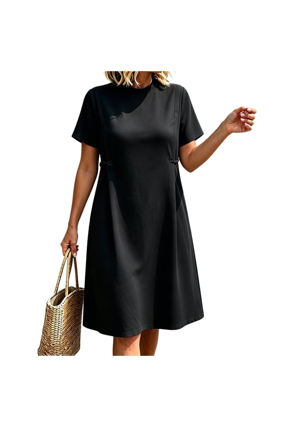 Midi Dresses Womens Dress Plus Size Dresses for Curvy Tshirt Dress Shift Under Dresses Short Sleeve Mid-Length Crew Neck Black Casual Dresses for Women Summer S