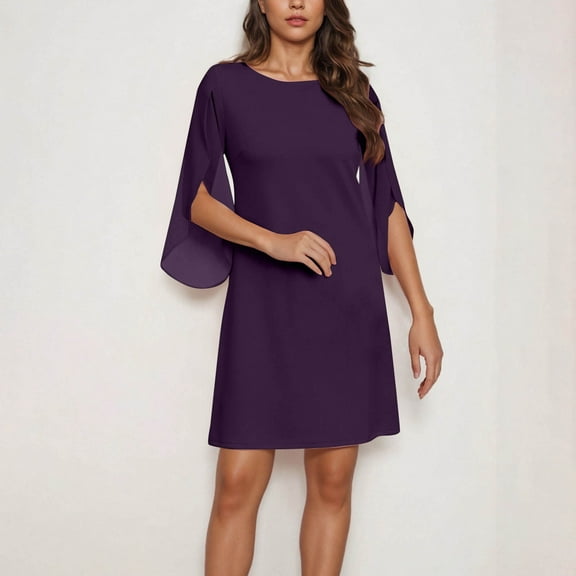 Blmnix Mini Boho Dresses for Women 2025 Purple Fashion Plain A-Line Petal Sleeve 3/4 Sleeve Crew Neck Dresses