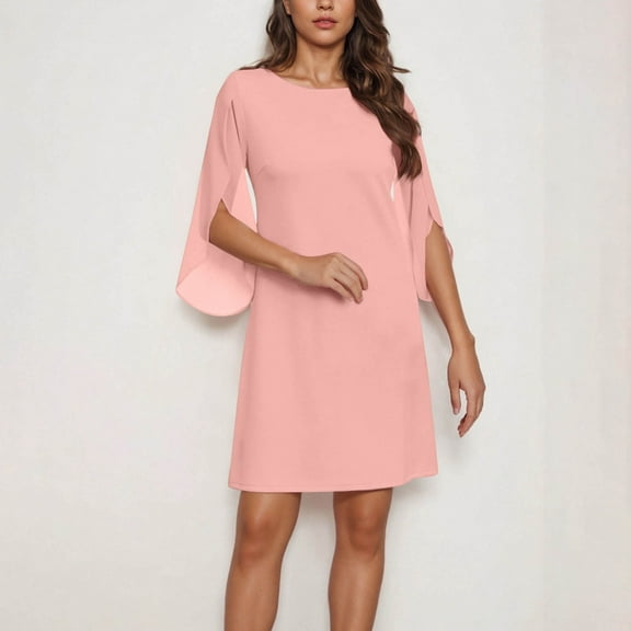 Blmnix Mini Dresses for Women A-Line Pink Fashion Plain 3/4 Sleeve Petal Sleeve Crew Neck Dresses