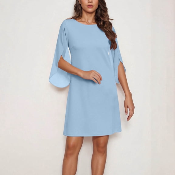 Blmnix Mini Graduation Dresses for Women 2025 A-Line Fashion Light Blue Plain Crew Neck 3/4 Sleeve Petal Sleeve Dresses
