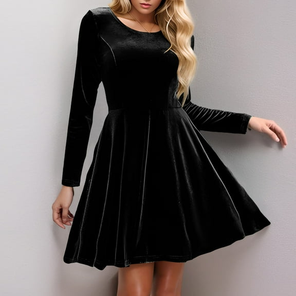 Blmnix Mini Valentine Party Dresses for Women Cocktail Velvet Tent Dresses Crew Neck Black Long Sleeve Wedding Guest Dress,L