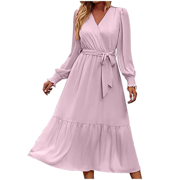 Blmnix Modest Elegant Dresses for Women Long Pink Long Sleeve Plus Size Tiered Wrap Womans Dresses Vacation