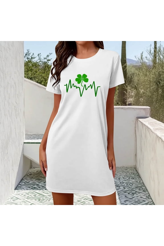 Moo Moos for Women Nightgown Cotton Nightgowns St. Patrick Sleepshirts Night Shirts Crew Neck Short Sleeve Above-the-Knee White Lace Nightgown,XL