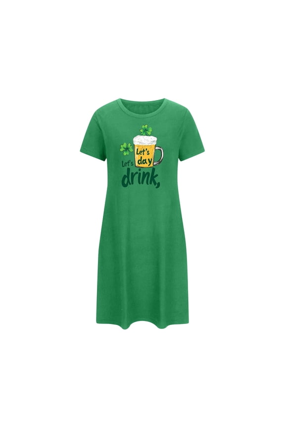 Moo Moos for Women Nightgown St. Patrick Plus Size Nightgowns Sleepshirts Sleep Dress Short Sleeve Green Crew Neck Below-the-Knee Sleep Dress for Women,M