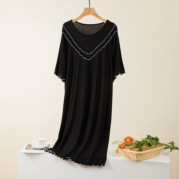 Blmnix Moomoo Nightgowns Moo Moos for Women Nightgown Cotton Nightgowns Sleepshirts Nightgowns Black Crew Neck Below-the-Knee Elbow-Length Button Down Nightgown,XXL