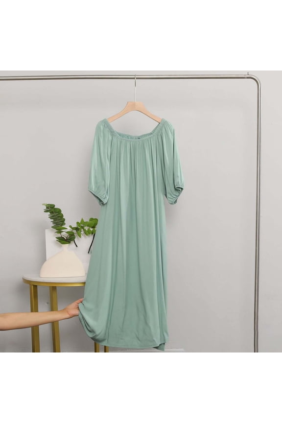 Moomoo Nightgowns Nightgown for Women Sleepshirts Cotton Nightgowns Nightgown Elbow-Length Green Boat Neck Below-the-Knee Womens Nightgowns,L