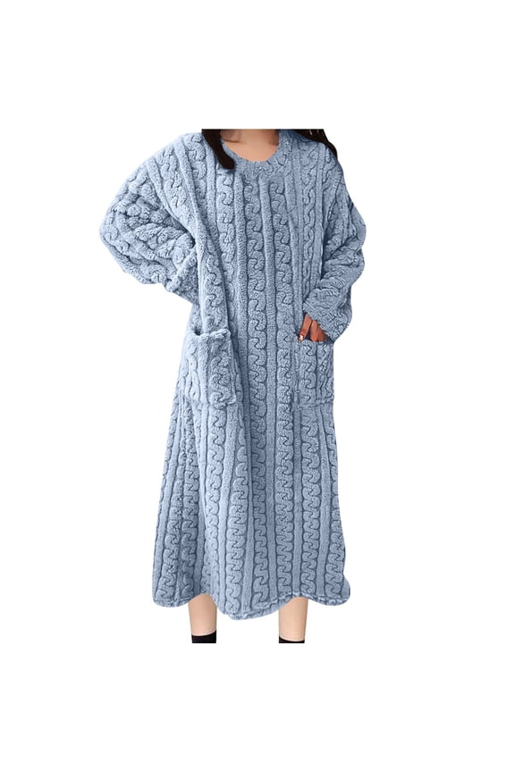Moomoo Women's Nightgowns Flannel Fleece Long Sleeve Warm Nightdress V-Neck Blue Comfy Sleep Dress