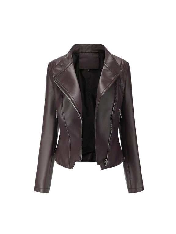 Motorcycle Jacket Women Oversized Leather Jacket Women Trucker Wind Resistant Zip Up Coat Long Sleeve Cocoon Brown Winter Coats for Women