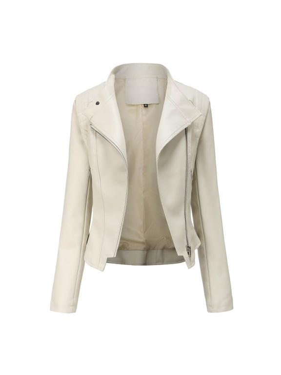 Motorcycle Jacket for Women Trucker Wind Resistant Oversized Leather Jacket Women Zip Up Raincoats Cocoon Beige Long Sleeve Jackets for Women Casual