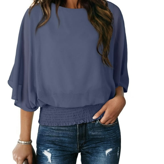 Blmnix Navy Blue Boho Tops for Women Plus Size Office Vintage 3/4 Sleeve Smocked Plus Size Tshirts for Women Crew Neck Blouse