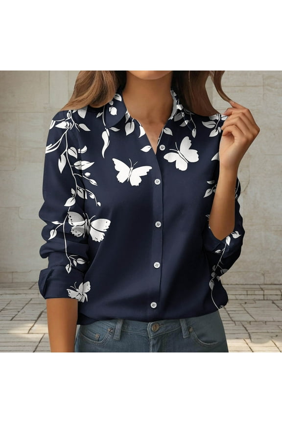 Navy Blue Fall Blouses for Women 2025 Outerwear Long Sleeve Button Down Womens Plus Size Blouses Collared Tops