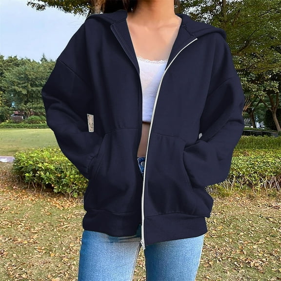 Blmnix Navy Football Sweatshirts for Women Office Work Zip-Up Pocket Fashion Tops for Women Trendy Workwear Long Sleeve Hooded Tops
