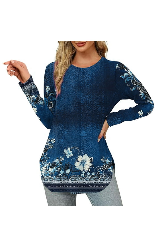 Navy Oversized T-Shirts Tunics Ethnic Womens Plus Tops Relaxed Long Sleeve Crew Neck Shirts