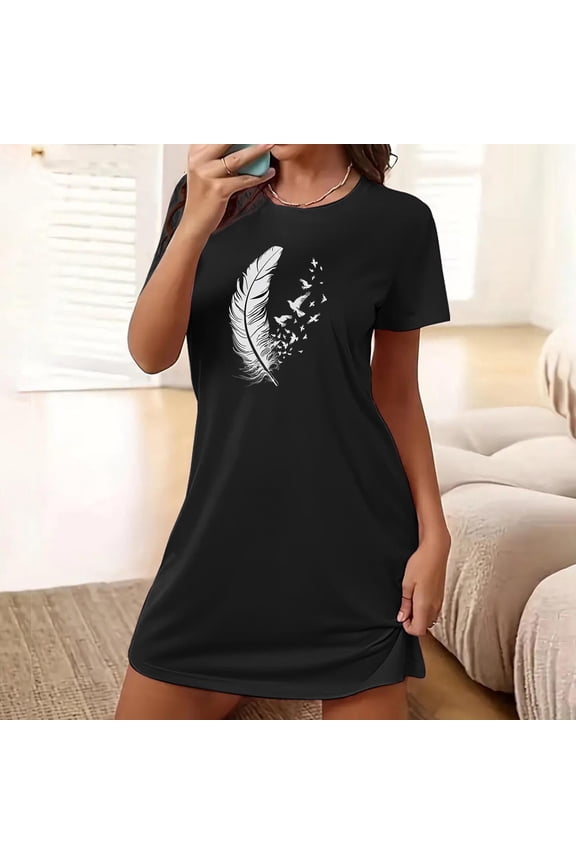 Nightgown for Women Sleepshirts Chemise Nightgowns Cotton Nightgowns Nightgowns Short Sleeve Black Crew Neck Above-the-Knee Mumu Nightgown for Women,L